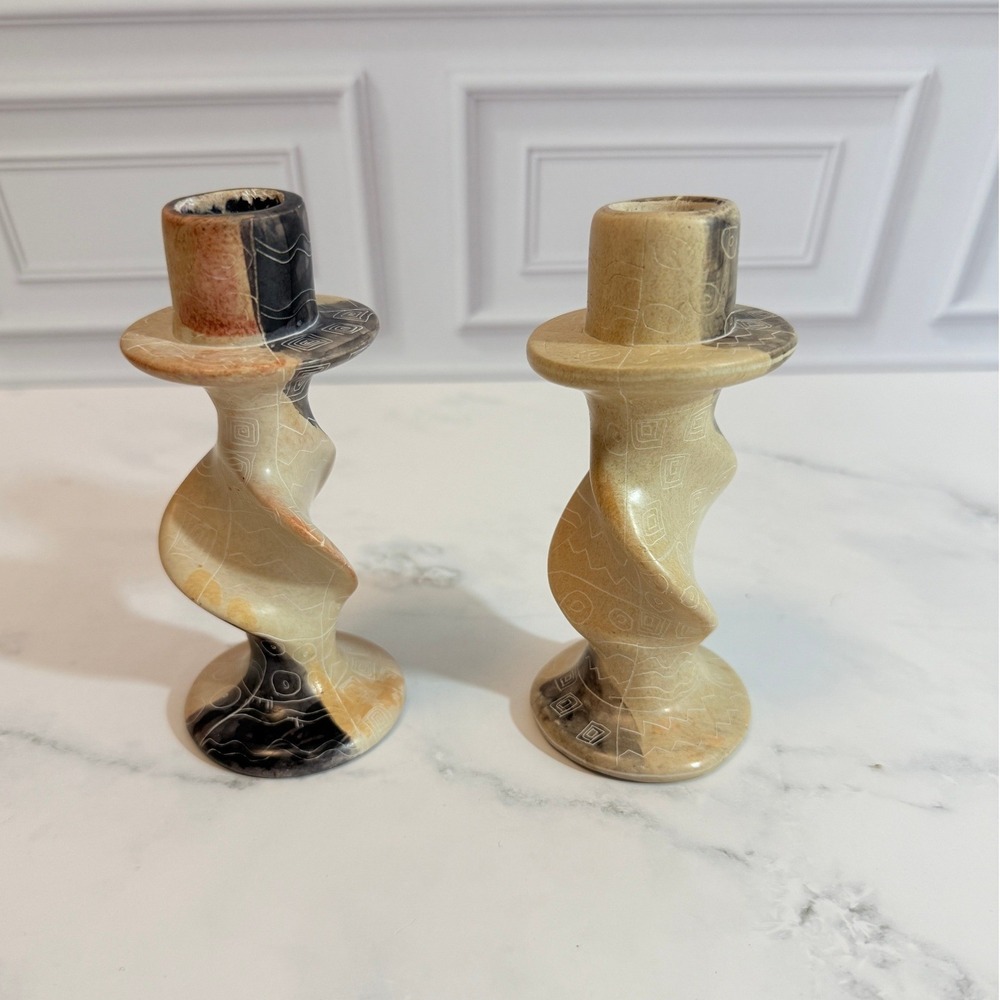 VTG PAIR (2) Hand Carved‎ Geometric Etched Swirled Stone 5" Candle Holders